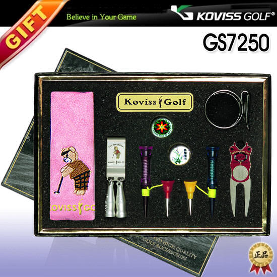 Golfers giftset Koviss VS TEE, golfballmarkers magnetic shoe/cap clip, green repair tool, stainless steel golfteeholder, golfballholder