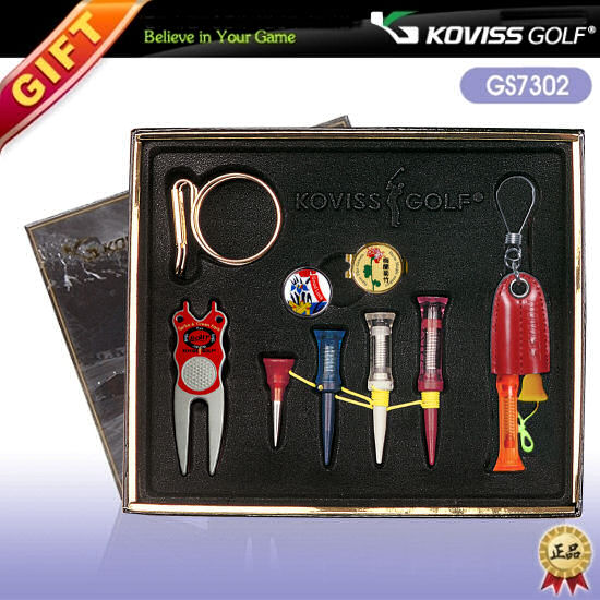 golf-tournament-prize, giftset with VS TEE L M S & xS &  3 HemMagic golfballmarkers with one shoe/cap/visor clip, green repair tool & leather TEE holder includes L & xS VS TEE