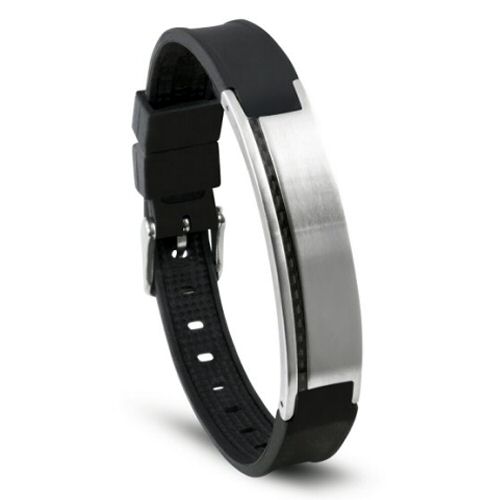 Lunavit wellness accessory, magnetic bracelet matte stainless steel faceplate with a black stripe accent and a soft silicon rubber bracelet with incorporated functional minerals makes this bracelet to a new sportive elegant favorite