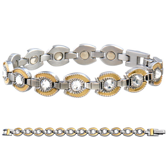 Sabona bracelet magnétique en acier inoxydable avec des maillons en forme fer a cheval d'oré serti d'un cristal Cubic Zirconia blanc et des aimants en samarium cobalt face interne