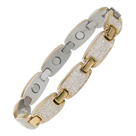Sabona bracelet magnétique en acier inoxydable d'oré avec des maillons décorés de poudre minérale scintillante blanche, aimants en samarium cobalt face interne