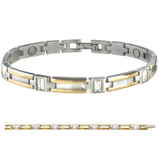 Sabona joli bracelet magnétique antistress en acier inoxydable avec une très belle finition dorée 18K et ornés avec des pierres de zirconium scintillants