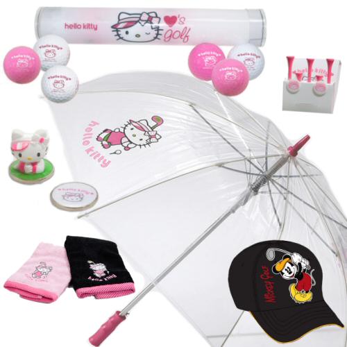 Hello Kitty & Mickey Mouse Accessories sportbag umbrella towels waterproof hat sunvisor cap golfballs golftees golfball marker, 